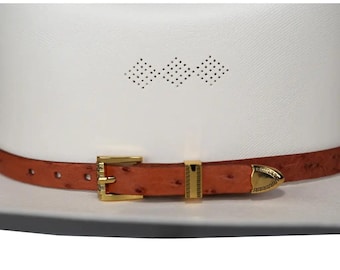 Ostrich Cowboy Hat Band Cognac Gold Plated 3 Piece Buckle Set Handmade 26