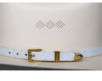 Ostrich Cowboy Hat Band White Gold Plated 3 Piece Buckle Set Handmade 26
