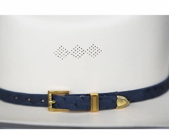 Ostrich Cowboy Hat Band Blue Gold Plated 3 Piece Buckle Set Handmade 26”