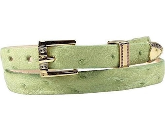 Ostrich Cowboy Hat Band Green Gold Plated 3 Piece Buckle Set Handmade 26”