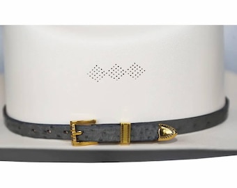 Ostrich Cowboy Hat Band Gray Gold Plated 3 Piece Buckle Set Handmade 26