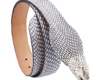 Pas z motywem węża kobry z głową, naturalna skóra, podszewka, oryginalny, ręcznie robiony, szerokość 1 1/2 cala