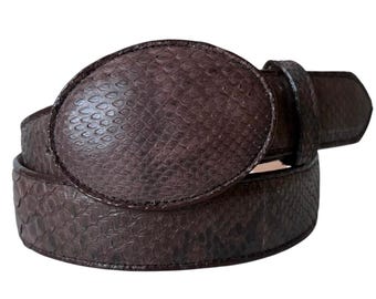 Cinturón de piel de pitón con gamuza de diamante blanco, forro de piel marrón, auténtico, hecho a mano, 3,8 cm