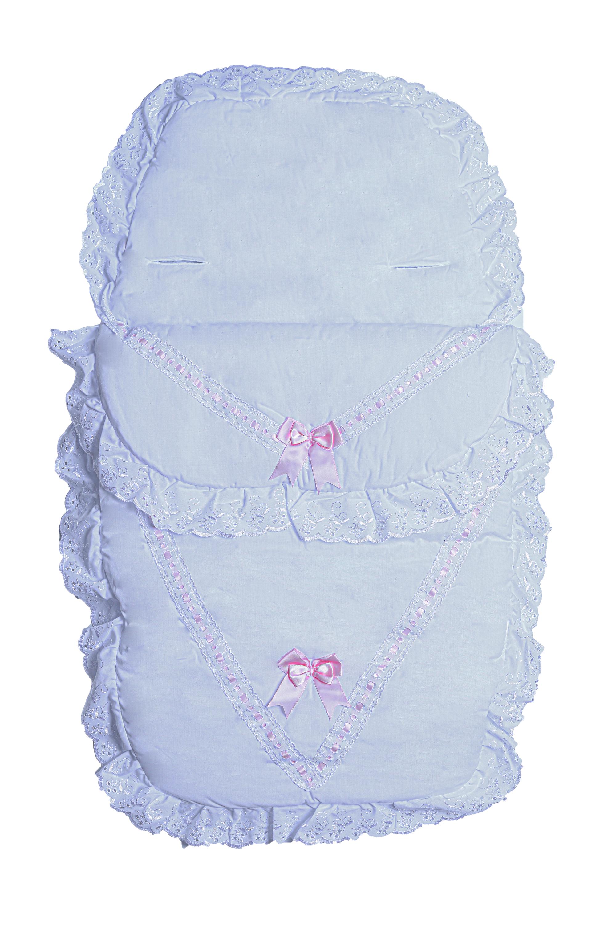 Elegant Broderie Anglaise Footmuff Cosy Toes Liner for Pram and Pushchair  White with Red Ribbions, Perfect for Baby Carriers Strollers