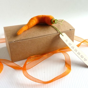 May include: A brown cardboard box with a felt orange carrot on top. The box is tied with an orange ribbon and has a tag that says "CARROT" on it.