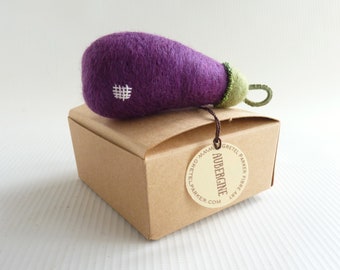 Needle felted aubergine eggplant bauble with hand embroidery by Gretel Parker