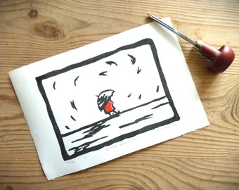 Limited edition lino print, 'Little Red Coat' by Gretel Parker