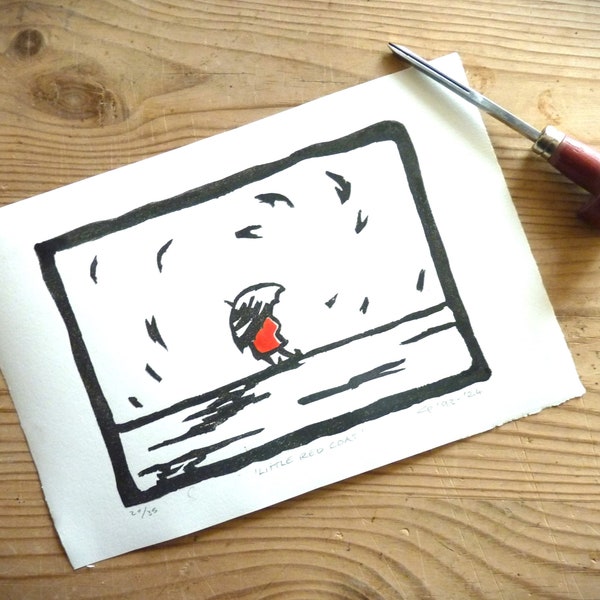 Limited edition lino print, 'Little Red Coat' by Gretel Parker