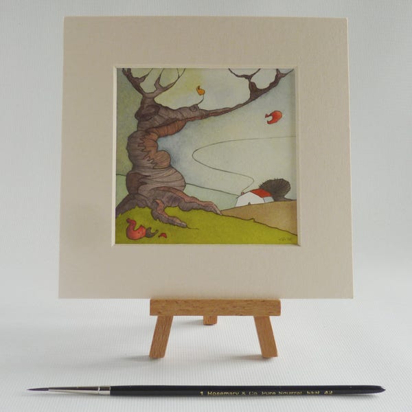 Originele kleine aquarel, 'Rode dak', klein huisje met kleine wall art, Engels platteland, landschappen, rode dak cottage, vallen kunst