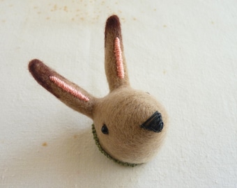 Hare head brooch, solidly needle felted with hand embroidery by Gretel Parker, gift boxed with signed tag