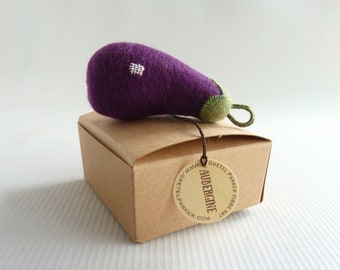 Needle felted aubergine eggplant bauble with hand embroidery by Gretel Parker