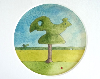 The Watcher, original small watercolour art by Gretel Parker with mount