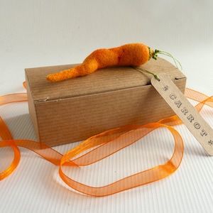 May include: A brown cardboard box with a felt orange carrot on top. The box has a brown paper tag attached to it that says "CARROT" in a decorative font. The box is sitting on a white surface with a bright orange ribbon.