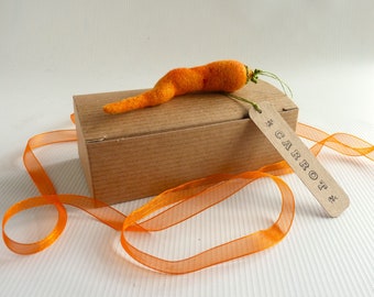 Needle felted carrot with hanging loop and hand embroidery, signed letter-pressed tag and gift box