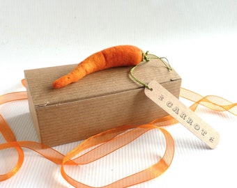 Needle felted carrot with hanging loop and hand embroidery, signed letter-pressed tag and gift box