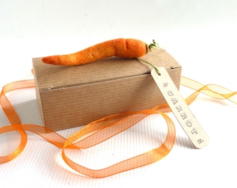 Needle felted carrot with hanging loop and hand embroidery, signed letter-pressed tag and gift box