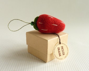 Strawberry bauble, needle felted holiday decoration with stitching and stumpwork by Gretel Parker