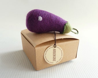 Needle felted aubergine eggplant bauble with hand embroidery by Gretel Parker