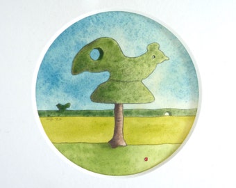 The Watcher, original small watercolour art by Gretel Parker with mount