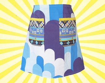 Falda acampanada hecha a mano, tela vintage Skyline, talla grande, con bolsillos