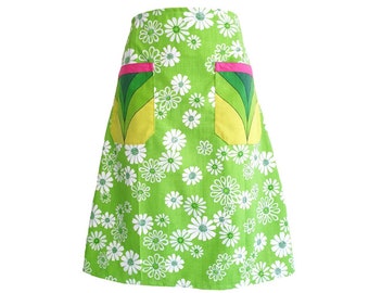 Falda retro de margaritas en forma de A - Talla grande, tela reciclada, bolsillos (talla AU 18/US 14)