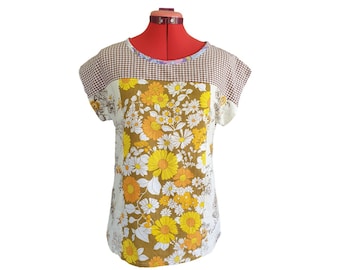 Top cuadrado de cuadros vichy florales hecho a mano, tela vintage reciclada