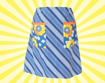 Falda acampanada de rayas azules hecha a mano, tela vintage, talla grande (EE. UU. 18)