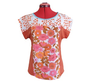 Top retro, talla AU 6-8/US 2-4, top holgado de corte cuadrado para mujer, hecho a mano con telas vintage recicladas, top de lino y algodón, top floral naranja
