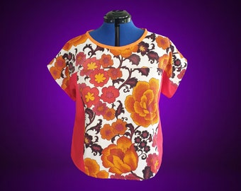 Top floral rojo hecho a mano, de piqué de algodón, talla grande AU 20