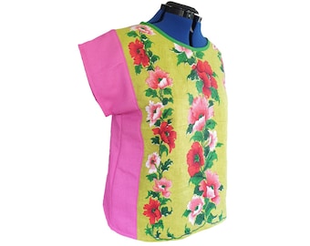 Paño de cocina vintage hecho a mano, camisa floral cuadrada, talla AU 18/US 14