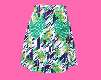 Falda floral geométrica vintage de los años 70, hecha a mano, talla grande, corte A