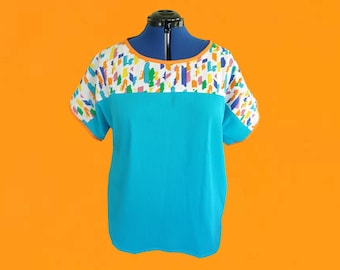 Top cuadrado de talla grande hecho a mano, tela de queso con diseño geométrico retro aguamarina, talla AU 24/US 20