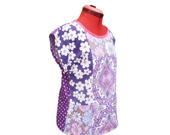 Upcycled Purple Paisley Patchwork Top, Handmade Boxy T-Shirt, AU 6-8/US 2-4