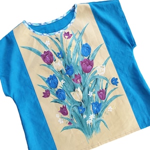 Crocus tea towel top, size AU 22/US 18, relaxed fit womens boxy top, plus size blue ladies top, plus size vintage clothing, Australiana