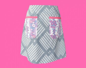 Falda ikat acampanada hecha a mano: falda con bolsillos geométricos retro reciclados, talla 14 de EE. UU.