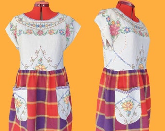 Picnic Dress - AU size 12/US 8, vintage dress, dress with pockets, embroidered dress, womens dress, ladies dress, gathered dress, boho dress