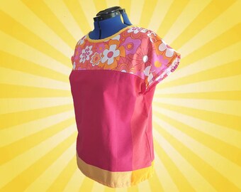 Top cuadrado con estampado floral hecho a mano, algodón retro, talla grande AU 18/US 14