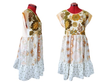 Vestido camisero floral reciclado hecho a mano con volantes en el bajo, estilo bohemio cottagecore (tallas AU 6-8/US 10-12)