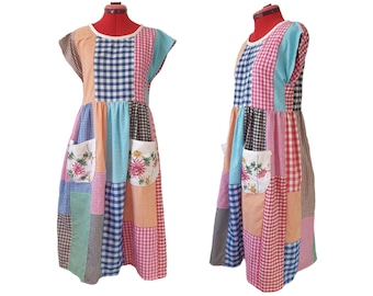 Handmade Gingham Patchwork Dress, Embroidered Pockets, Size AU 8
