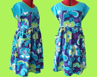 Vestido camisero vintage floral hecho a mano - Babydoll de algodón azul con bolsillos, talla AU 8-10