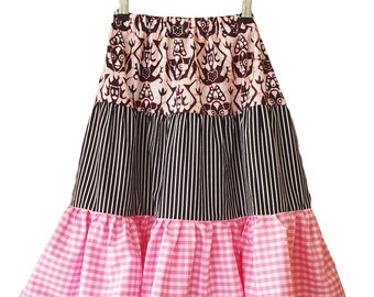 Falda de cuadros vichy escalonados hecha a mano – Falda campesina de batik reciclado, tallas 8-10 de EE. UU.