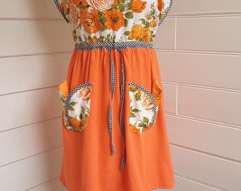 Vestido con cintura ajustable con cordón - Talla AU 12 - Hecho a mano con tela de corteza vintage y cuadros vichy