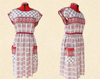 Handmade Batik Dress - Upcycled Cotton Retro Boho Dress, Pockets, AU Size 12