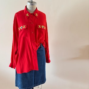 Red Silk Blouse Vintage 1990s x and hearts embroidery by Tracy M  sz L/XL