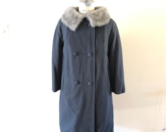 Charcoal Fur collar coat vintage 1960s Mod sz M/L