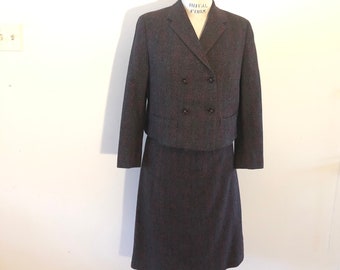 Brown Wool Suit Vintage 1960s Double Breasted Skirt Suit Sz M Petite