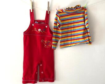 Red Overalls and Striped turtleneck set Vintage 1970s Sz 18-24 Months