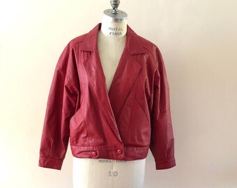 Red Leather Rocker Jacket Vintage 1980s Sz L