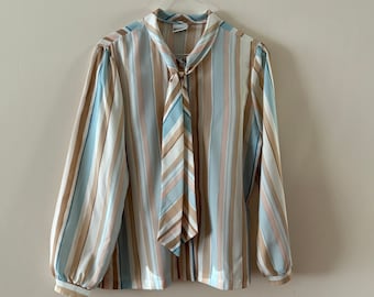 Striped Blue 1980s Blouse sz M/L