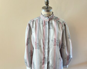 Gray high collar blouse 1980s vintage M/L